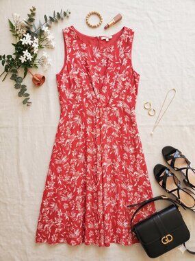 Coral Red Floral Midi Sleeveless Summer Dress